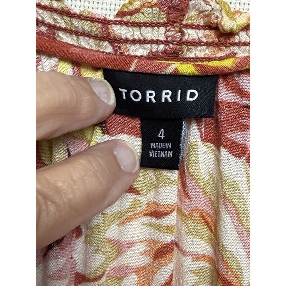Torrid Plus SZ 4 Blouse Top Floral Ruffled V-Neck Long Sleeves Drawstring Waist - Picture 9 of 15